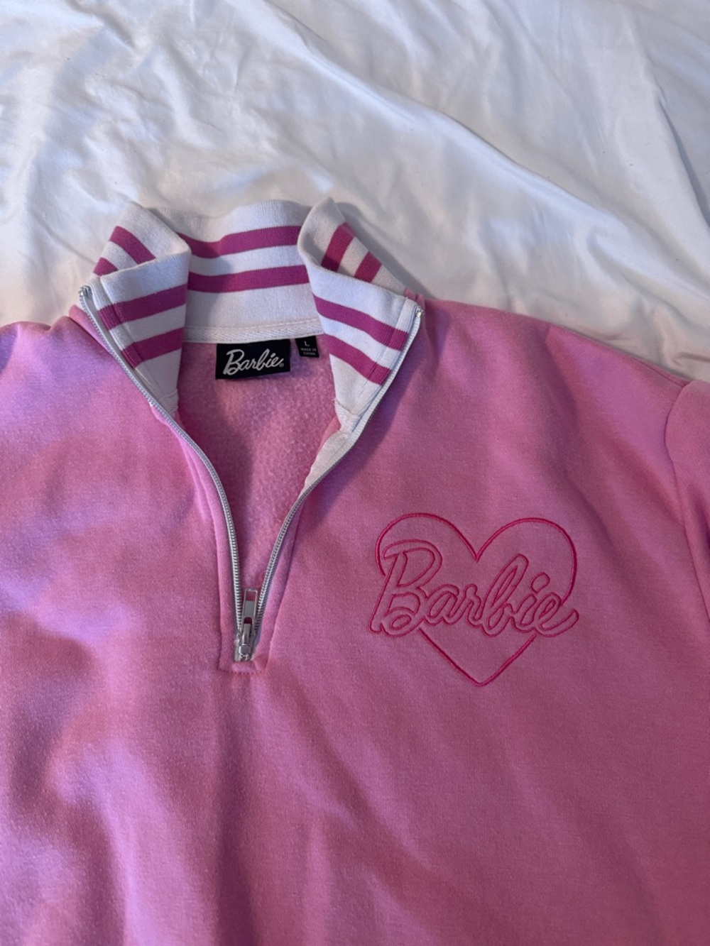 Barbie Pink Striped-Cuff Quarter-Zip Sweatshirt